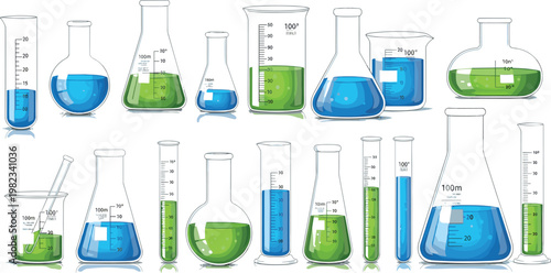 Laboratory glassware set with beakers flasks test tubes and measuring cylinders filled with colorful liquids isolated on white background