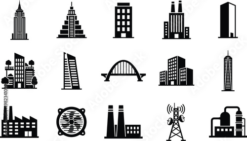 Set of black silhouette urban industrial architecture icons including skyscrapers, factories, bridges, power plants, and communication towers for city infrastructure design