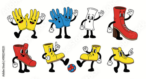 Cartoon shoe characters playing soccer happily.