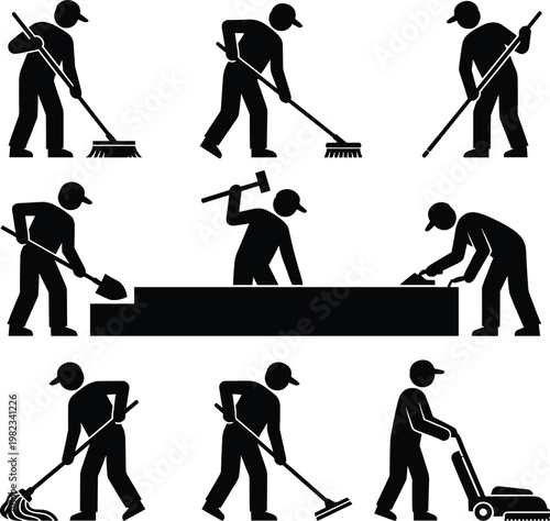 Set of black silhouettes representing various cleaning and maintenance workers using brooms mops shovels and floor scrubbers for professional janitorial services