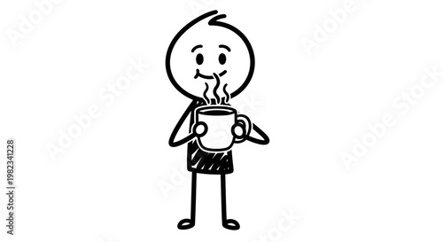 A cartoon character holding a hot beverage.