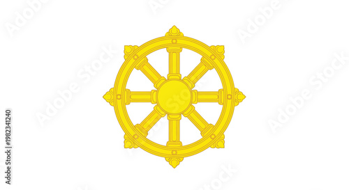 Golden Dharma wheel vector illustration representing Buddhist spiritual journey and path to enlightenment graphic design.