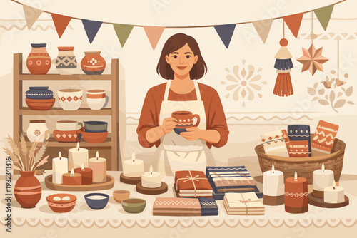 Artisan woman holding a ceramic mug at a market stall with pottery and candles