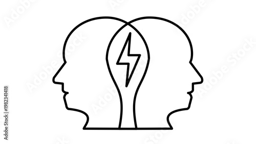 Photos Minimalist black line vector icon illustration of two human head profiles facing away from each other with a lightning bolt in the center, representing conflict, mental tension, or brainstorming