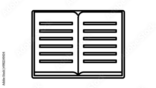 Open book vector icon with horizontal lines representing text on pages, minimalist black line art illustration for education, learning, library, and literature concepts on white background.