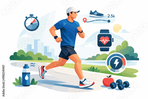 Man running outdoors with fitness tracker and healthy lifestyle elements