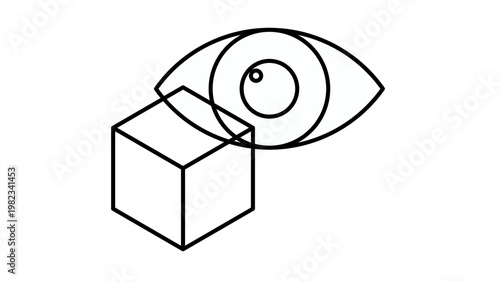 Minimalist vector illustration of a human eye observing a three-dimensional cube, representing concepts of visual perception, spatial awareness, 3D design, perspective, and observation.