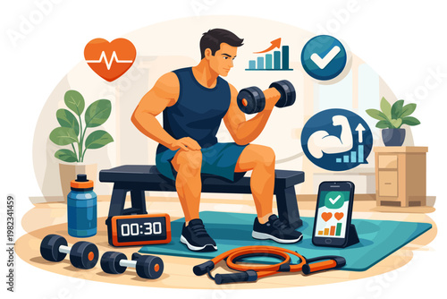 Man lifting dumbbell during workout with fitness app and progress icons