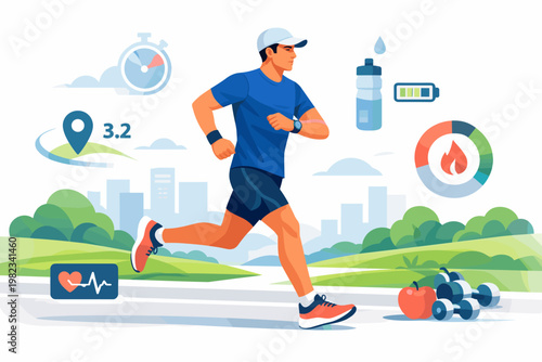 Man running in park with fitness tracking icons and healthy lifestyle elements