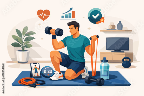 Man exercising at home with dumbbells and resistance bands, tracking progress