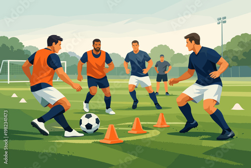 Athletic men practicing soccer drills on a green field with cones and a ball