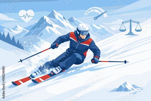 Dynamic winter skier racing down a snowy mountain slope with health and speed icons