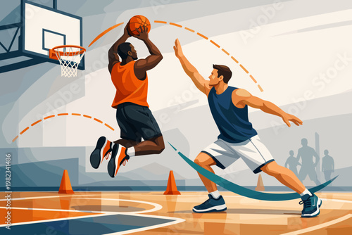 Basketball players in action, one jumping to shoot while the other defends