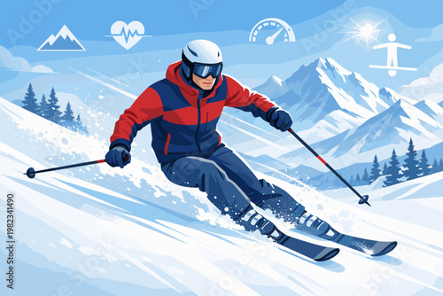 Dynamic winter skier carving down a snowy mountain slope with sun and icons