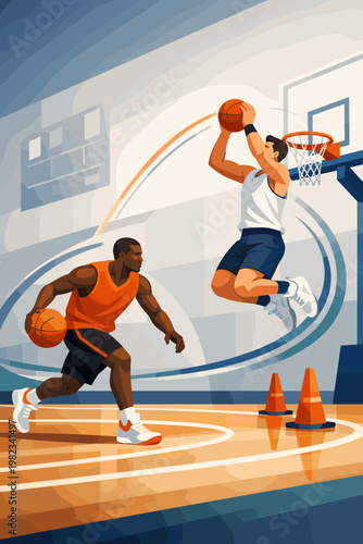 Dynamic basketball players in action on an indoor court during a game