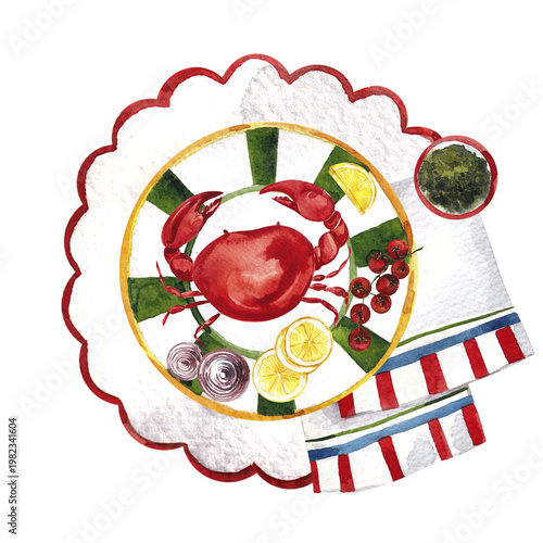 Watercolor hand draw Italy food composition with sea fresh crab, omar, shrimp, ouster, lemon and tomato, isolated on white background