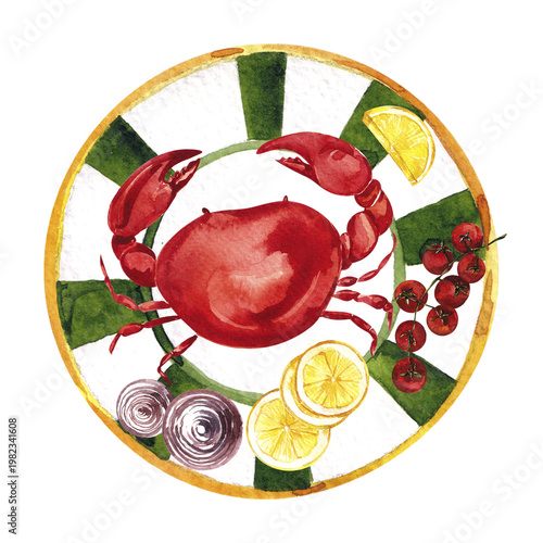 Watercolor hand draw Italy food composition with sea fresh crab, omar, shrimp, ouster, lemon and tomato, isolated on white background