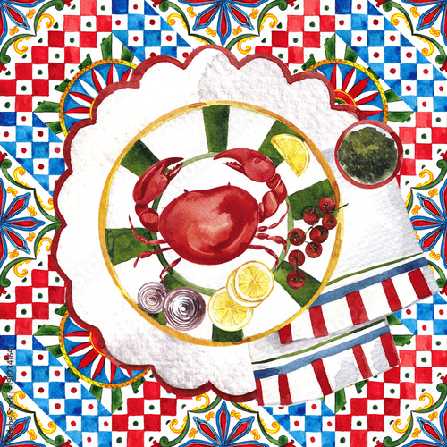 Watercolor hand draw Italy food composition with sea fresh crab, omar, shrimp, ouster, lemon and tomato, isolated on white background