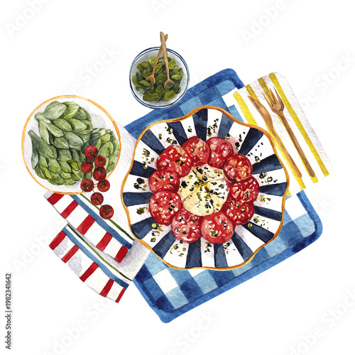 Watercolor hand draw Italy food composition with sea fresh crab, omar, shrimp, ouster, lemon and tomato, isolated on white background