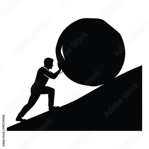 Man pushing large heavy wheel up steep hill or mountain side
