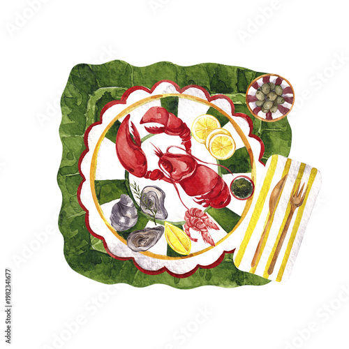 Watercolor hand draw Italy food composition with sea fresh crab, omar, shrimp, ouster, lemon and tomato, isolated on white background