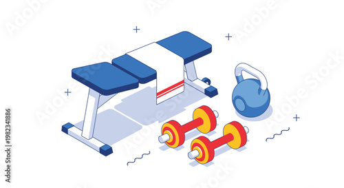 Isometric vector illustration of a fitness workout bench with kettlebell and colorful dumbbells for exercise