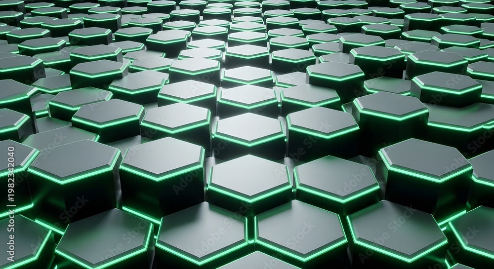 Fototapeta premium 3d hexagonal grid pattern with neon green edges on dark background