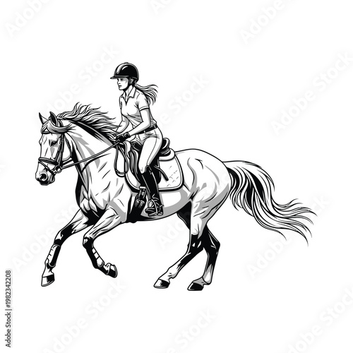 Woman riding a horse in motion with saddle and bridle