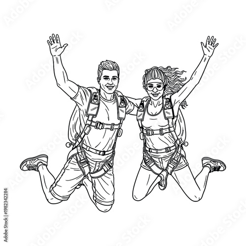 Young couple wearing backpacks jumping in air with hands up smiling