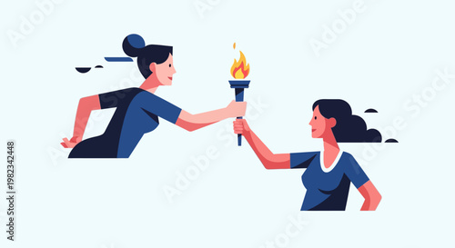 Two women passing a flaming torch in a relay race style handover.