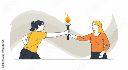 Two women passing a flaming torch to each other as a symbol of teamwork and leadership.