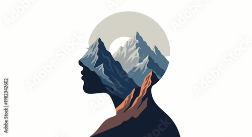 Double exposure portrait of a human head silhouette filled with mountain peaks.