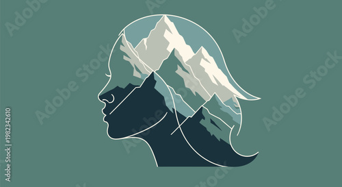 Profile silhouette of a woman combined with mountain landscape double exposure art.