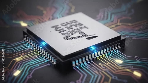 Close up of a microchip with circuit board elements in the background
