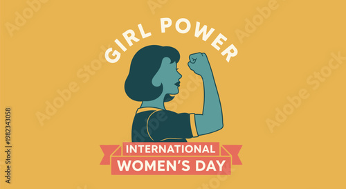 Illustration of a strong woman with raised fist celebrating International Womens Day.