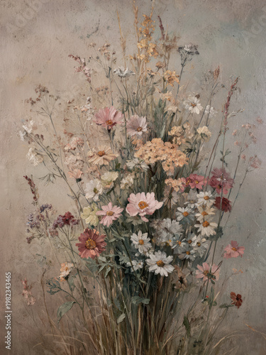Vintage Wildflower Bouquet Oil Painting in Soft Neutral Pastels