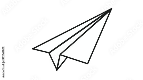Minimalist black line art vector illustration of a paper airplane icon, a simple origami glider symbol representing communication, message delivery, travel, and creative startup launch concepts.