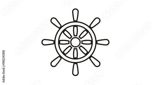 Minimalist black line art vector icon of a classic ship's steering wheel or nautical helm, perfect for maritime navigation, sea travel, and captain-themed graphic design projects.