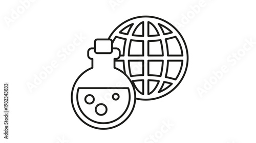 Global science and chemistry vector icon featuring a laboratory flask with bubbling liquid in front of a world globe, representing environmental research, ecology, and scientific innovation.