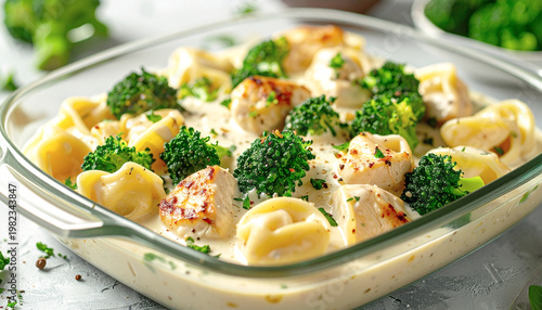 Tortellini with broccoli and chicken, covered in creamy white alfredo sauce, closeup. AI