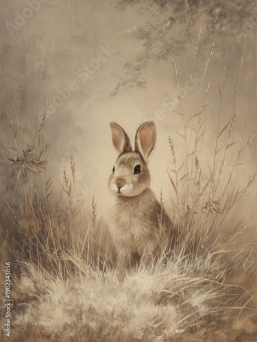 Vintage Rabbit in Meadow Oil Painting Style Wall Decor