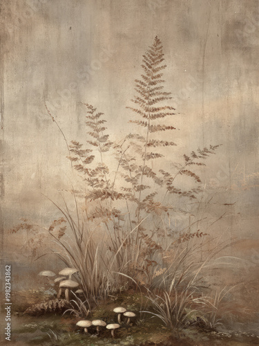 Vintage Woodland Ferns and Mushrooms Oil Painting Study