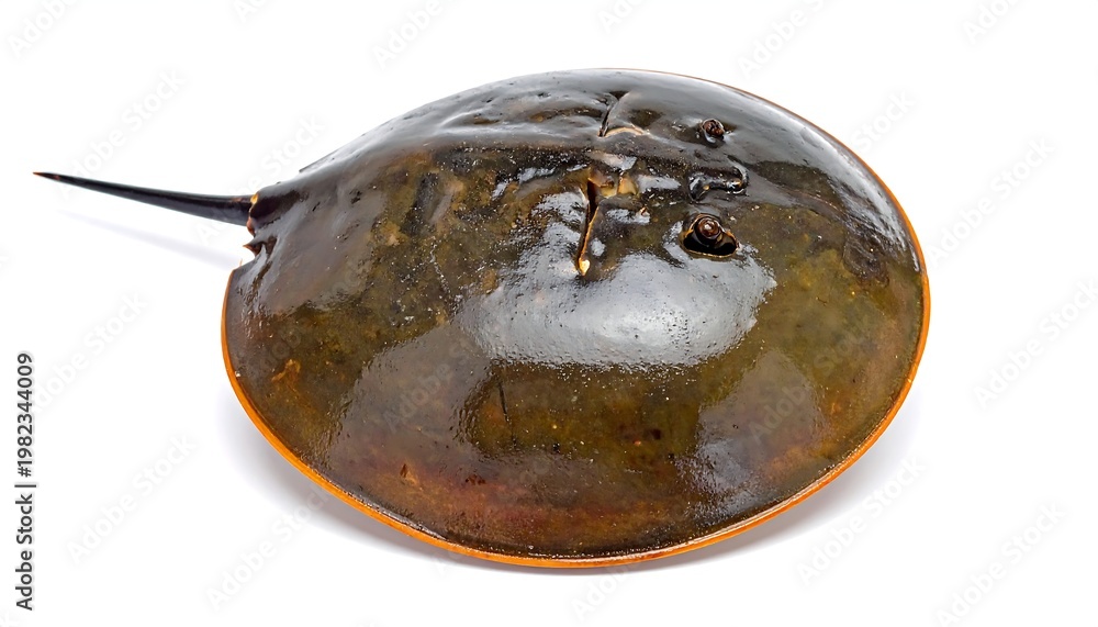 Fototapeta premium Brown, round horseshoe crab with long tail on white surface, close-up centered shot; smooth, shiny carapace