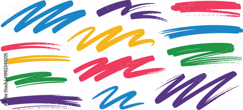 Colorful brush strokes, vibrant paint swatches, artistic marks, vector illustration