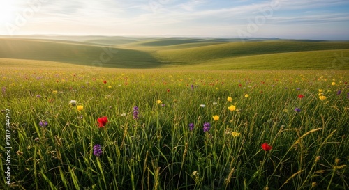 Vibrant meadow landscape with rolling hills bathed in warm sunlight and wildflowers