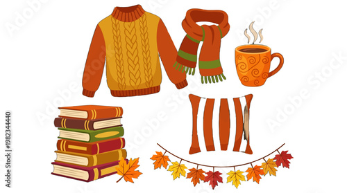 Autumn cozy reading nook with warm clothing and steaming coffee