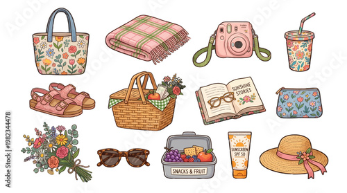 Summer picnic accessories and items illustration