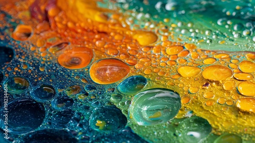 Shiny paints, like orange, blue, and green, mixed together on a surface, making a bumpy, artsy backdrop.