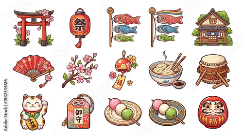 Japanese culture symbols and icons set