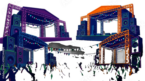 Music festival stage with speakers and crowd celebrating